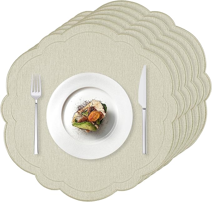 Set of 6 Beige Cotton Linen Placemats 15 Inch Embroidery Scalloped Placemats Pure Floral Table Mats Washable Fabric Table Mats for Wedding Baby Shower Tea Party Festival Spring Holiday Decor