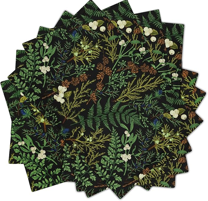 Spring Green Leaves Placemats Set of 6 Botanical Fern Leaf Floral Place Mats Washable Kitchen Dining Summer Black Linen Table Mats Stain Heat-Resistant for Home Party Indoor 12x18 in