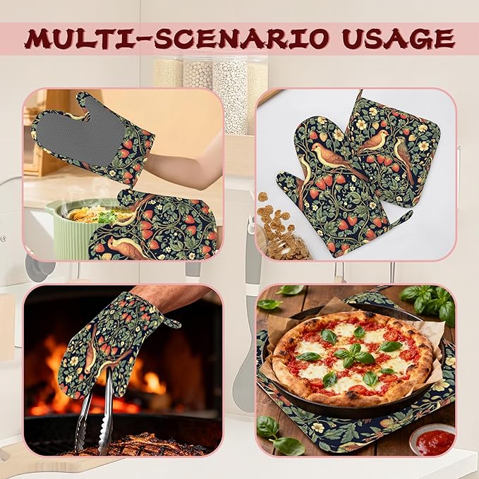 Retro Strawberry Bird Plant Flower Silicone Oven Mitts and Pot Holders,Heat-Resistant 4 Piece Kitchen Set Non-Slip Oven Gloves and Hot Pads for Cooking, Baking, Grilling,BBQ
