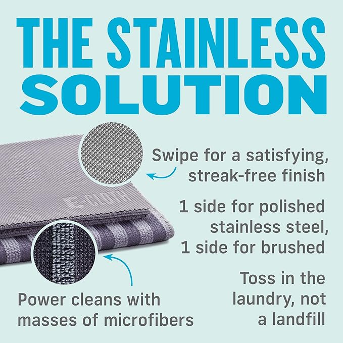 E-Cloth Stainless Steel Microfiber Cleaning Cloth Kit - Stainless Steel Cleaner for Appliances, Oven, Stove, & More - Microfiber Towels for Cars - Reusable Cloths for Cleaning