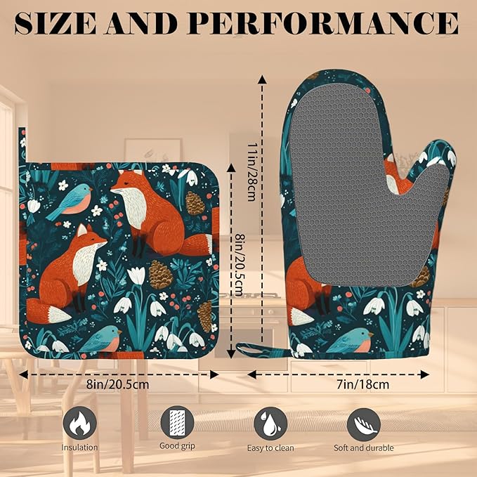 Forest Fox Animal Oven Mitts and Pot Holders Sets Green Floral Silicone Kitchen Mitts Potholders Heat Resistant Oven Gloves Hot Pads for Kitchen Baking Cooking