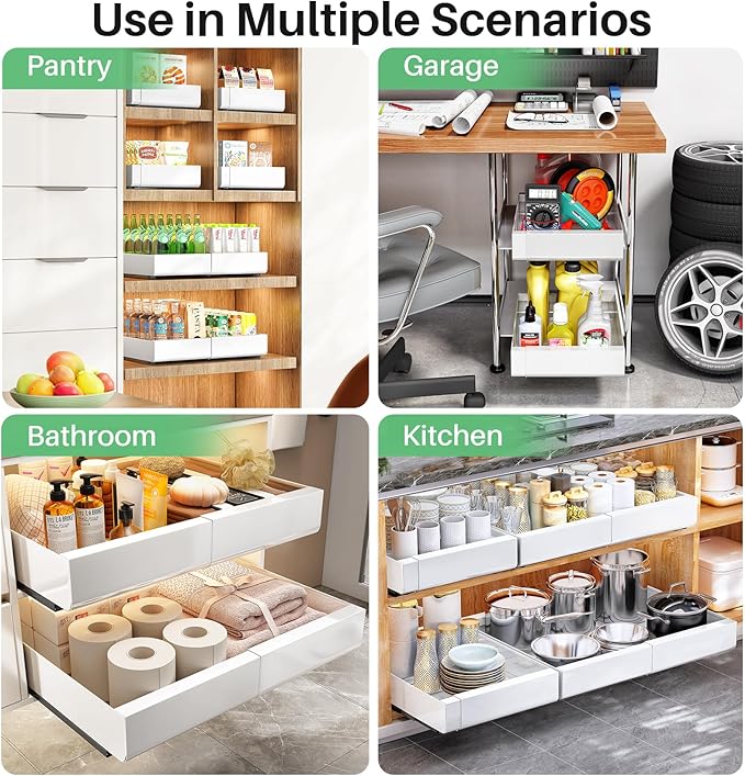 Kitstorack Pull out Cabinet Organizer, Expandable(12"-20") Heavy Duty Slide out Drawers Fixed with Adhesive Nano Film for Pots, Roll out Shelf Storage for Kitchen Base Cabinet Organization(White)