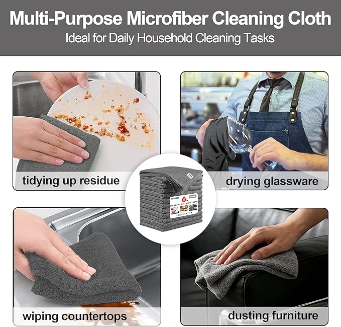 Microfiber Cleaning Cloth, 12 Pack Grey Cleaning Rags,12" X 11" Lint Free Dish Towels Wash Cloths, Reusable Microfiber Towels for Home and Kitchen Bathroom Apartment Cleaning Supplies