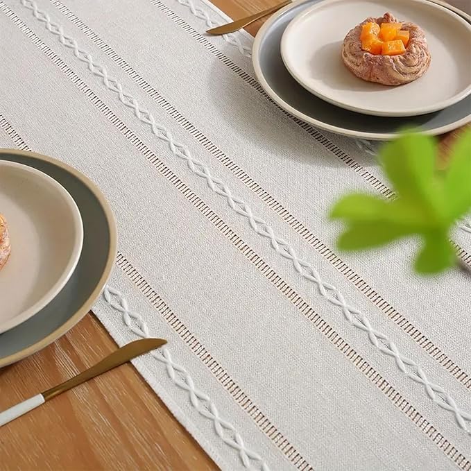 Niviy Ivory White Rustic Linen Table Runner 72 Inches Long with Tassels, Embroidered Table Runner Farmhouse for Party, Dresser Decor and Dining Room Decorations (White, 12"×72")
