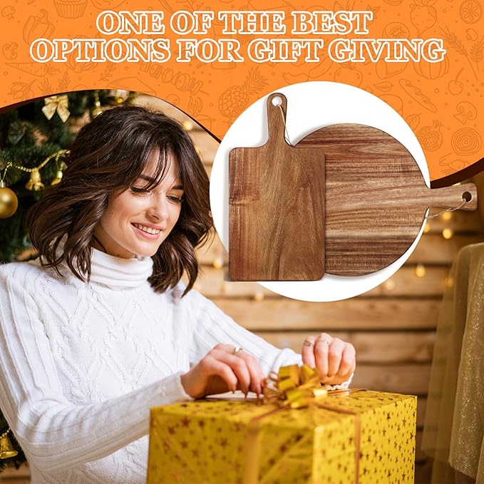 Hsei 2 Pcs Acacia Wood Cutting Board with Handle Wooden Charcuterie Board Large Paddle Carving Chopping Set Butter Serving Tray for Cheese Meat Fruit Pizza Bread Baking