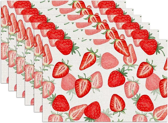 Watercolor Strawberry Placemats Set of 6, Linen Place Mat Washable Stain Resistant Table Mats for Farmhouse Kitchen Dining Holiday Party Wedding Decor 12x18 Inch