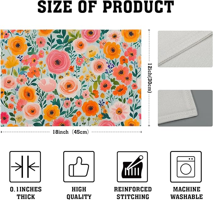 Watercolor Flower Printed Placemat Set of 4 Decoration Linen Place Mat for Home Dining Table Indoor Outdoor