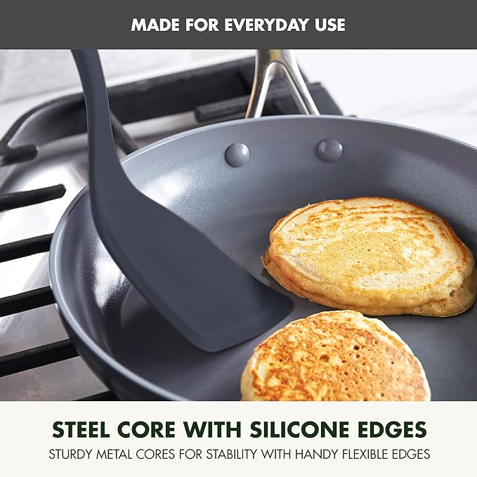 GreenPan Silicone Solid Turner Spatula, Flipping Cooking Kitchen Utensil, Flexible Rubber Nonstick Cookware, Rigid Steel Core, Heat-Resistant, Anti-Slip Handle, BPA-Free, Dishwasher Safe, Gray