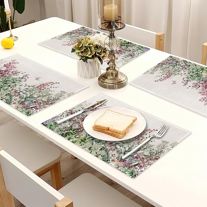 Placemats Set of 6,Wildflower Linen Table Mats Spring Floral Butterfly Heat Resistant Place Mats Washable Dining Table Mats for Indoor Outdoor Kitchen Decor Easy Clean 12 x 18 Inch