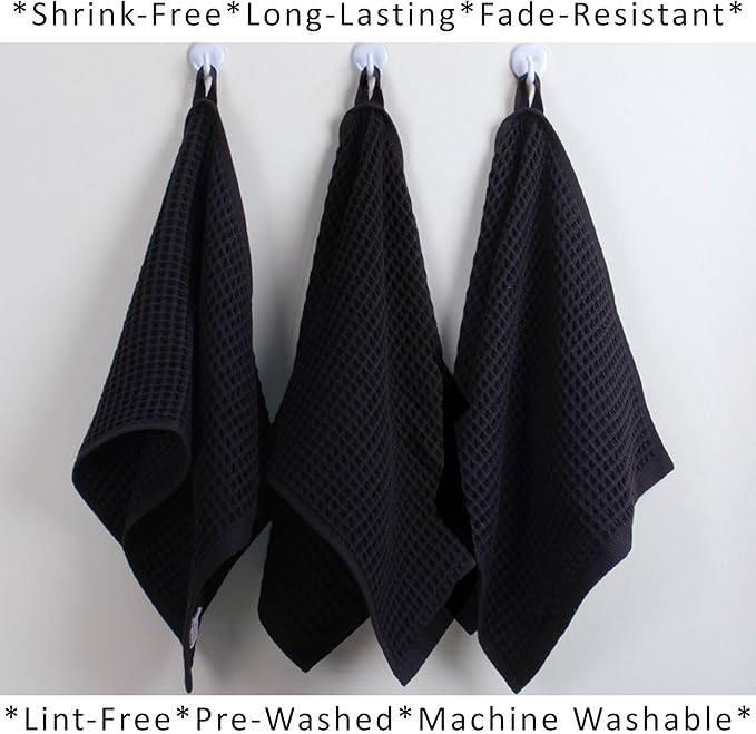 PÜSKÜL Natural 100% Turkish Cotton Waffle Kitchen Towels Set of 3 | Oeko-Tex, Premium Waffle Hand Towels for Bathroom | Soft Absorbent Quick-Dry Lint-Free Dish Towel Large 32x16 inch (3, Black)