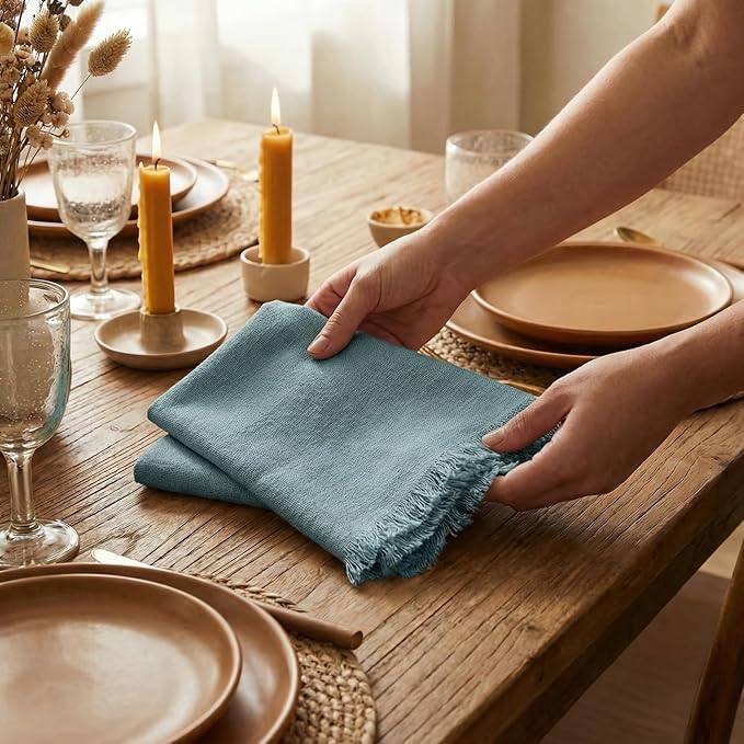 ACCENTHOME Blue Cotton Linen Napkin Set of 6 18x18 inch Dinner Napkins - Washable Soft Premium Hotel Quality Reusable Napkins Perfect Table Napkins for Family Dinners, Weddings & Everyday Use