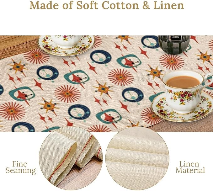 Mid Century Table Runner Retro Abstract Atomic Starbursts Boho Geometric Art Printed Dinner Runner for Home Kitchen Dining Table Decor Fabric 1 Panel W13xL70in