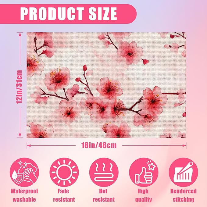Pink Cherry Blossom Placemats Set of 6,12x18 Inch Branches Spring Floral Linen Place Mat Washable Stain Resistant Table Mats for Seasonal Farmhouse Kitchen Party Home Decor