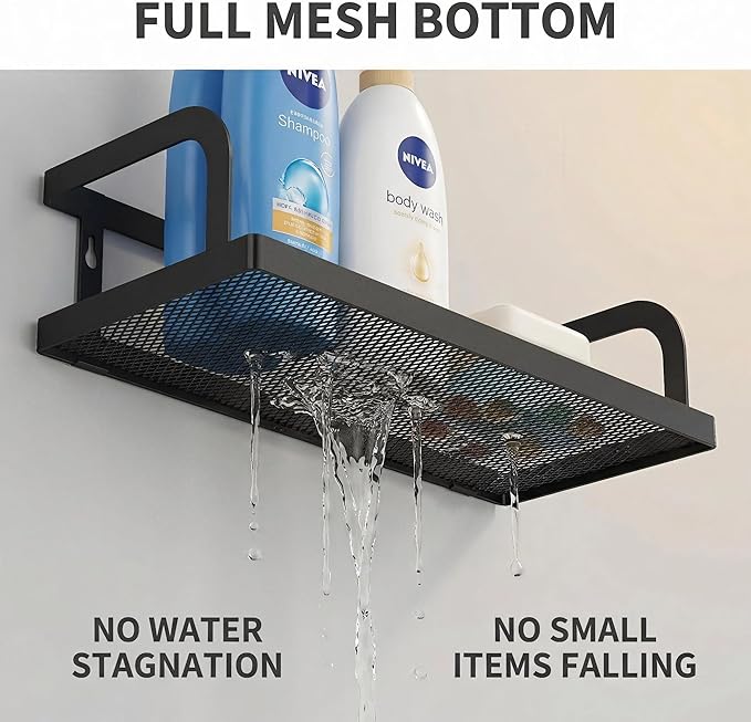 PUSDON 2-Pack Wide Hollowout Shower Caddy & Spice Rack, Wall Mount Bathroom Organizer with Mesh Bottom, Easy Access Cabinet Door Shelf Holds 50LBS - Matte Black, Hollowout
