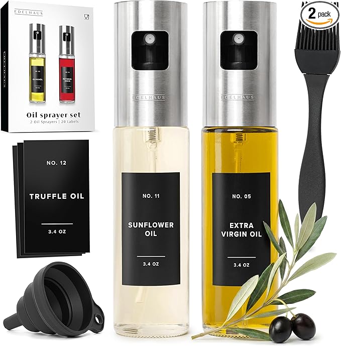 EDELHAUS Oil Sprayer Set of 2 Oil Spray Bottle Made of Stainless Steel & Glass, for Healthy Cooking, Sprayer for Precise Dosage, for Cooking Oil & Vinegar Including (Silver Lids, 2 Pack)