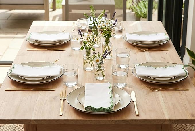 PurpleEssences Scalloped Embroidery Cloth Napkins - Spring Easter Summer - Table Decor - 100% Cotton - Set of 4-18x18 inch - White - Edges - Sage Green