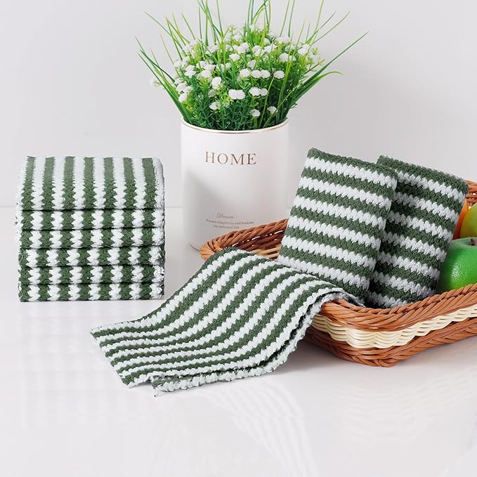 Homaxy 18 Pack Kitchen Dish Cloths, Ultra Soft and Absorbent Dish Towels, Reusable Fast Drying Microfiber Cleaning Cloth, Coral Velvet Wave Design No-lint,10 x 10 inches, Grass Green