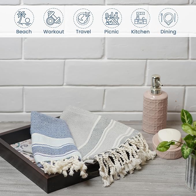 The Fine Living Co. Turkish Towels - Set of 2 | 100% Cotton - Bath & Kitchen Decorative Towels | 40'x18' (Blue & Gray)