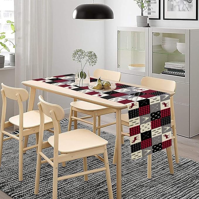 Bear Deer Table Runner, Vintage Rustic Farmhouse Cabin Animal Buffalo Plaid Art Printed Runner for Home Kitchen Dining Table Living Room Decor Fabric 1 Panel W13xL60in