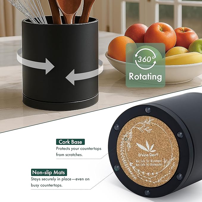 D'vine Dev 360° Rotating Utensil Holder Set – 7.2"+5" Kitchen Utensil Crocks for Countertop, Modern Cooking Tool Organizers for Kitchen Storage +Décor, Black, Set of 2, 72-Z-B-1