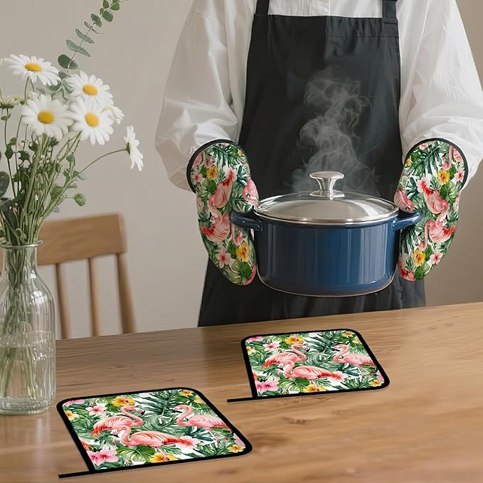 Palm Leaf Oven Mitts and Pot Holders Set,Flamingo Tropical Kitchen Oven Gloves and Pot Holder with Heat Resistant Non Slip for Cooking Baking Grilling(4 Piece Set)