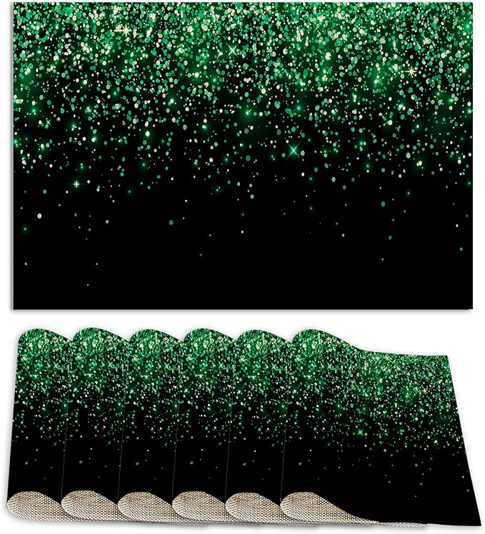 Placemats Set of 6 Linen Washable Kitchen Dining Green Glitter Table Mats Stain Heat-Resistant Desktop DécorPlace Mats for Home Party Indoor 12x18 in