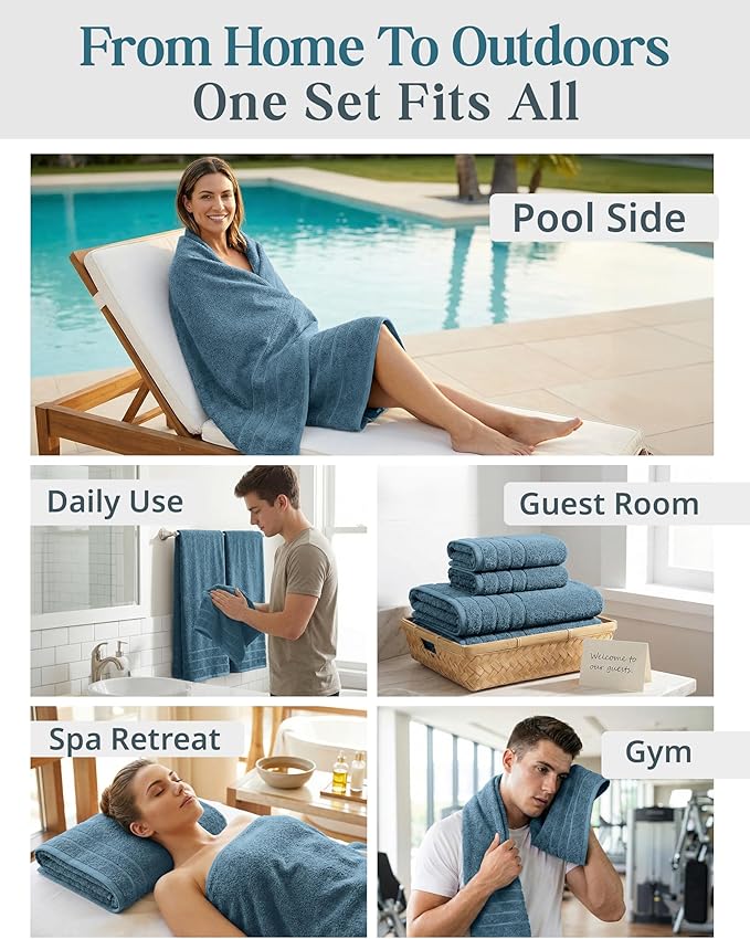 Casa Platino 8 Pcs 100% Cotton Luxury Towel Set - Soft, Durable & Absorbent - 2 Bath, 4 Washcloths, 2 Hand Towels for Bathroom - Ideal for Home, Spa & Gym - Quality You Can Trust - Steel Blue