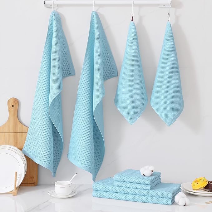 Homaxy 100% Cotton Kitchen Towels and Dishcloths Set, 12 x 12 Inches and 13 x 28 Inches, Set of 10 Bulk Kitchen Towels Set, Ultra Soft Absorbent Dish Cloths for Washing Dishes, Sky Blue