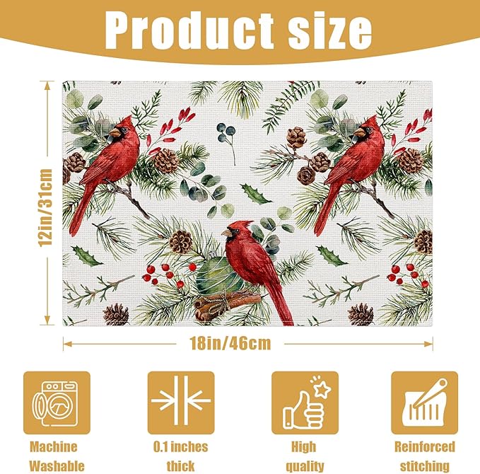Red Cardinal Placemats Set of 6, Christmas Berry Bird Linen Place Mat Washable Stain Resistant Table Mats for Farmhouse Kitchen Dining Party Wedding Decor 12x18 Inch