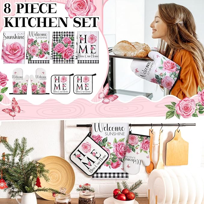 Leinuosen 8 Pcs Kitchen Towels and Dishcloths Sets Oven Mitts and Pot Holders Sets Absorbent Kitchen Gloves Potholders Heat Resistant for Chef Baking Cooking(Black and White,Rose)