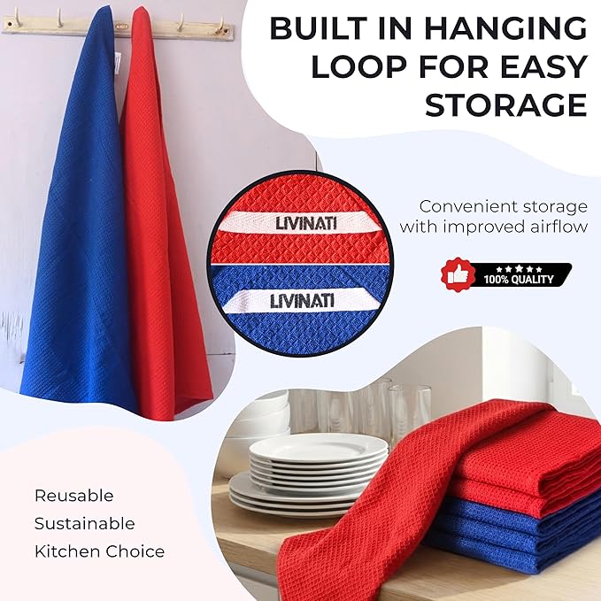 Highly Absorbent Cotton Dish Towels for Drying - Set of 3+3 - Royal Blue + Red Kitchen Towels - 18"X28" Lint Free Waffle Weave Cloth Linen Hand Bathroom Bulk Dishtowels