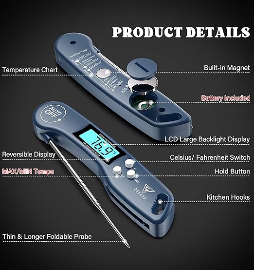DOQAUS Digital Meat Thermometer, Instant Read Food Thermometer for Cooking with Backlit & Auto-Rotating Display, 4.6” Probe for Grilling, Baking, and Perfect BBQ - Blue