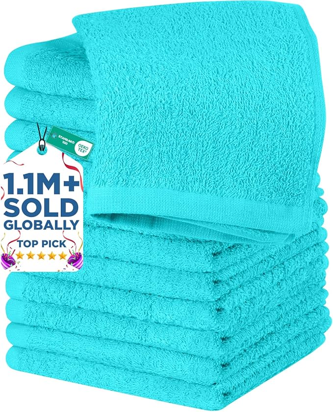 DAN RIVER 12 Pack Wash Cloths for Showering [12x12] - 100% Cotton Washcloths Premium Quality Flannel Face Cloths for Bathroom, Highly Absorbent and Soft Feel Wash Clothes, Aqua