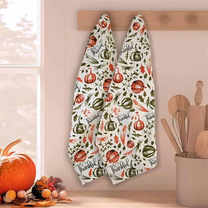 The Fine Living Company Set of 2 Thankful Printed Dish Towels, Hand Towels, Boho Tea Towels - Multifunctional, Stylish, Absorbent, Quick Dry, Soft 18" x28", 100% Cotton, Rust & Olive