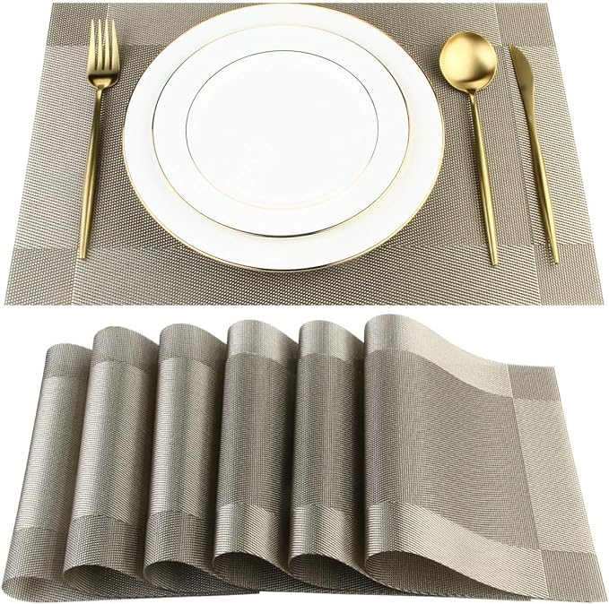 DACHUI Placemats, Heat-Resistant Placemats Stain Resistant Anti-Skid Washable PVC Table Mats Woven Vinyl (6pcs, Coffee-Cross)