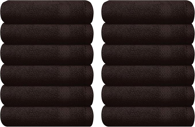 GLAMBURG Ultra Soft 12-Piece Washcloths Set 13x13-100% Ringspun Cotton - Durable & Highly Absorbent Face Towels - Ideal for use in Bathroom, Kitchen, Gym, Spa & General Cleaning - Chocolate Brown