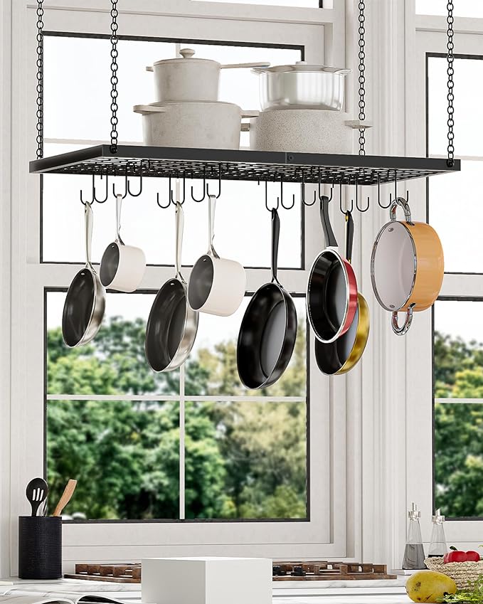 CHOEZON Hanging Pot Rack, Ceiling Mounted Pot Hanger for Kitchen, Metal Cookware Storage Organizer with 12 Hooks, for Storage of Cookware, Utensils in Kitchen, Black TPR31BB
