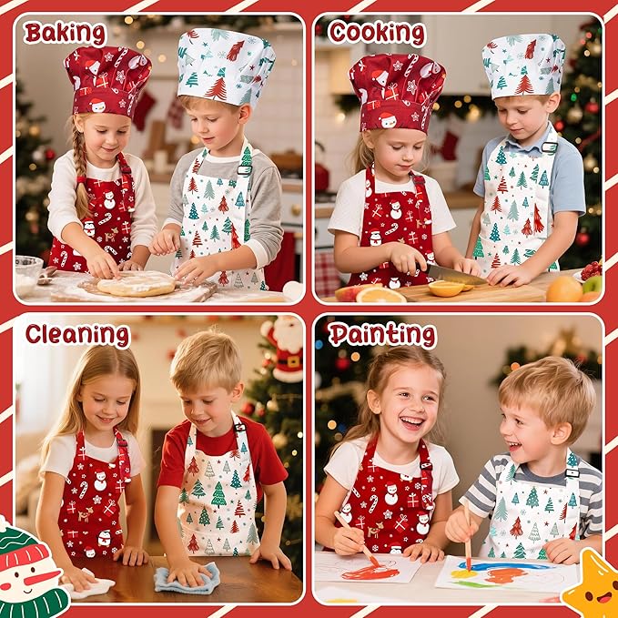 4Pcs Christmas Kids Apron and Chef Hat Set Gift for Child, Snowman Christmas Tree Candy Cane Pattern Adjustable Kitchen Aprons with 2 Pockets Waterproof Smock Hats for Baking Cooking Painting Training