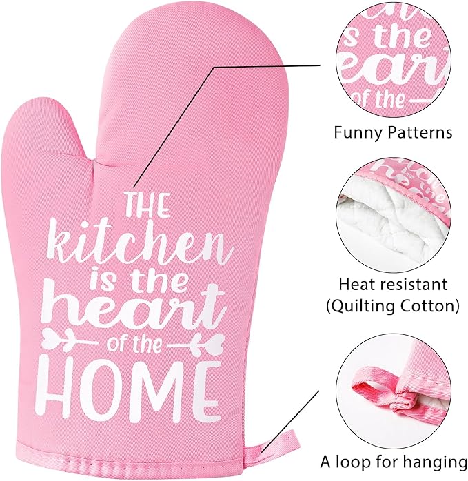 GROBRO7 6Pcs Funny Oven Mitts Pot Holders The Kitchen is The Heart of The Home Heat Resistant Hot Pad Machine Washable Gloves with Hanging Loop Pocket Hot Pad for Baking Cooking Pink