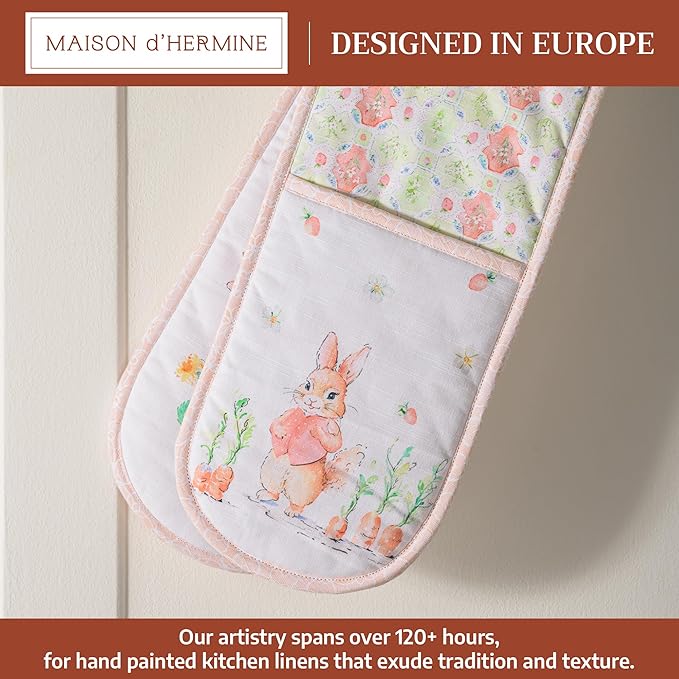 Maison d' Hermine Double Oven Mitts 100% Cotton 7"x35" Double Oven Mitt Heat Resistant BBQ Cooking Gloves with Loop Baking Grilling Gifts for Mothers Day Spring Summer (Bunny Party)