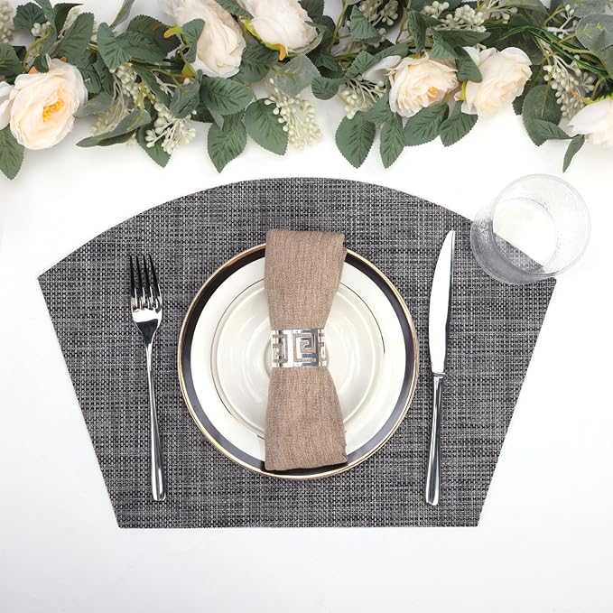 SHACOS Wedge Placemats Set of 4 Woven Vinyl Placemats for Round Table Wipe Clean Curved Fan Table Mats Placement Mat Indoor Outdoor, Dark Gray