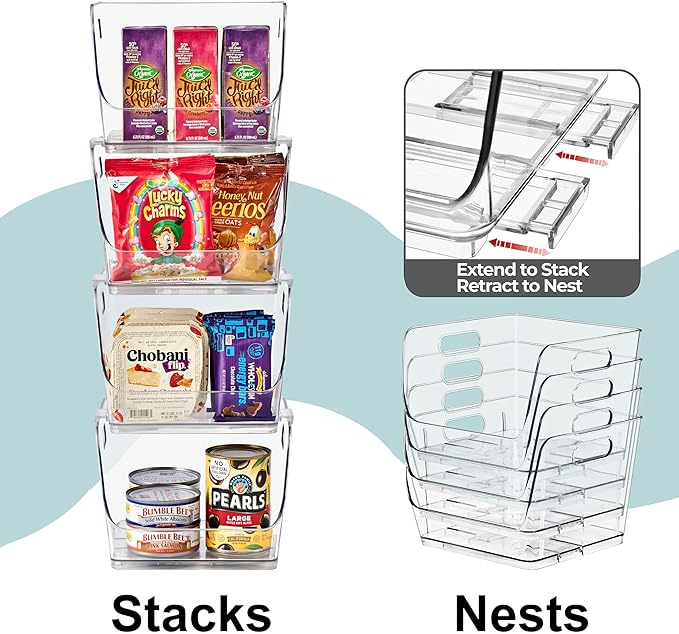 Sorbus Stackable Storage Bins Open Front, Clear Stackable Storage Bins, Pantry Bins for Storage and Organization, Acrylic Stackable Bins for Kitchen, Clear Pantry Organizer Bins (Medium Square 6 Pack)