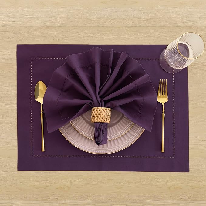 Solino Home Purple Napkins Set of 4 - Cotton Linen Hemstitch Dinner Napkins Cloth 20 x 20 Inch for Mothers Day - Handcrafted and Machine Washable