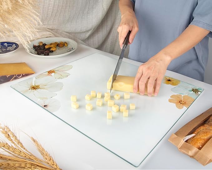 Kitchenville Glass Cutting Board 20”x16”: Tempered Glass Kitchen Counter Protector - Durable- Scratch-Resistant, Heat-Proof - Design 5 - Floral Design
