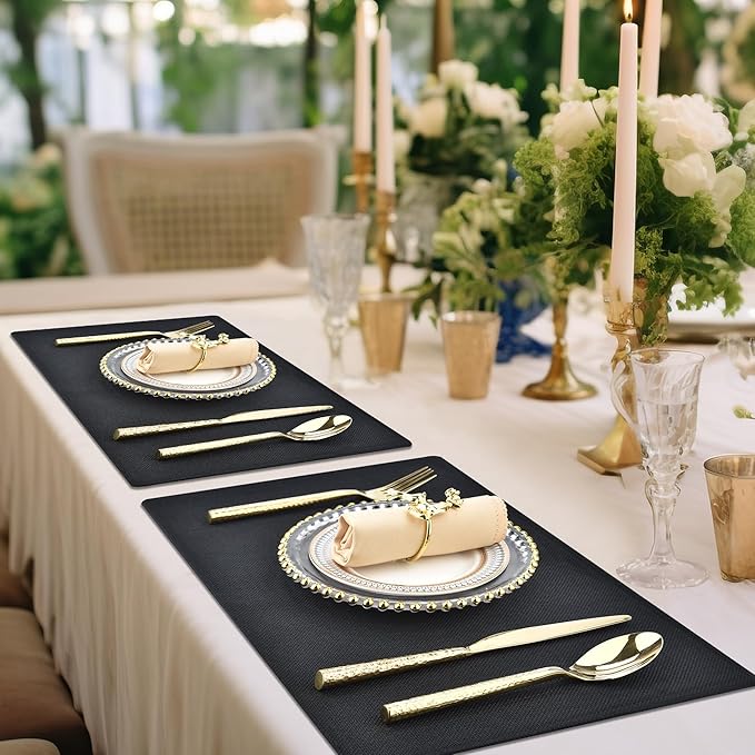 SLKQG Black Linen-Look Placemats Set of 8, Heat Resistant & Machine Washable Double-Layered Cloth Placemats for Dining Table, Indoor/Outdoor Use, Non-Slip Kitchen Table Mats (8, Black)