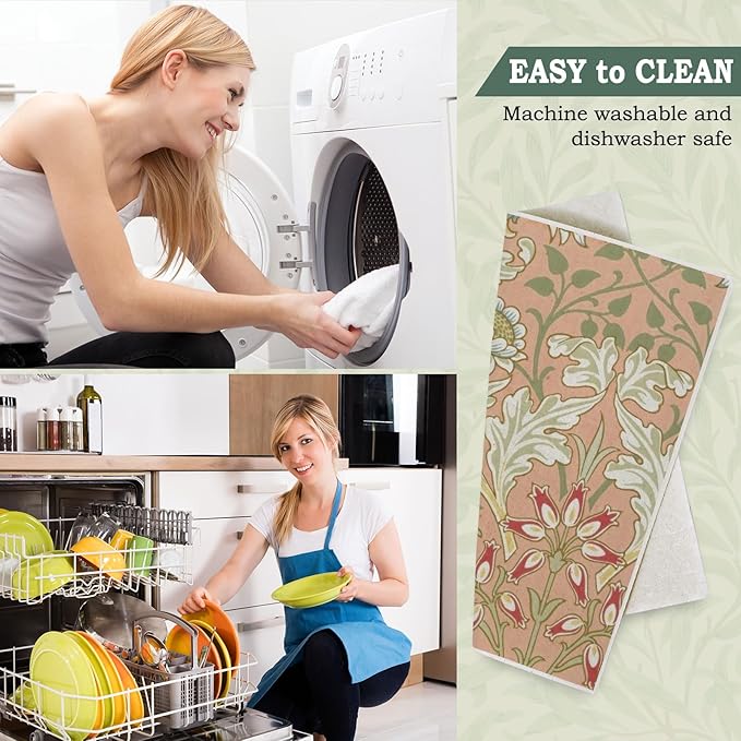 Whaline 12 Pcs William Morris Floral Swedish Dishcloths Vintage Greenery Flower Kitchen Towels Reusable Cotton Absorbent Dish Towels for Home Housewarming Cleaning, 7 x 8 Inch