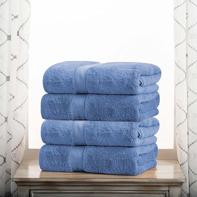 Superior Egyptian Cotton Pile Bath Towel Set of 4, Ultra Soft Luxury Towels, Thick Plush Essentials, Absorbent Heavyweight, Guest Bath, Hotel, Spa, Home Bathroom, Shower Basics, Denim Blue