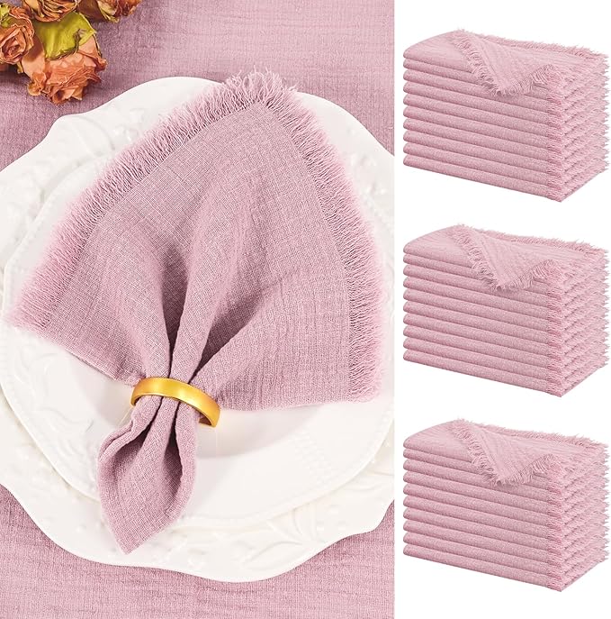 Showgeous 30 Pack Dusty Rose Cloth Napkins with Fringe 16x16 inch 100% Cotton Napkins Handmade Dinner Napkins Bulk Washable Soft Rustic Table Napkins for Wedding Parties Bridal Baby Shower