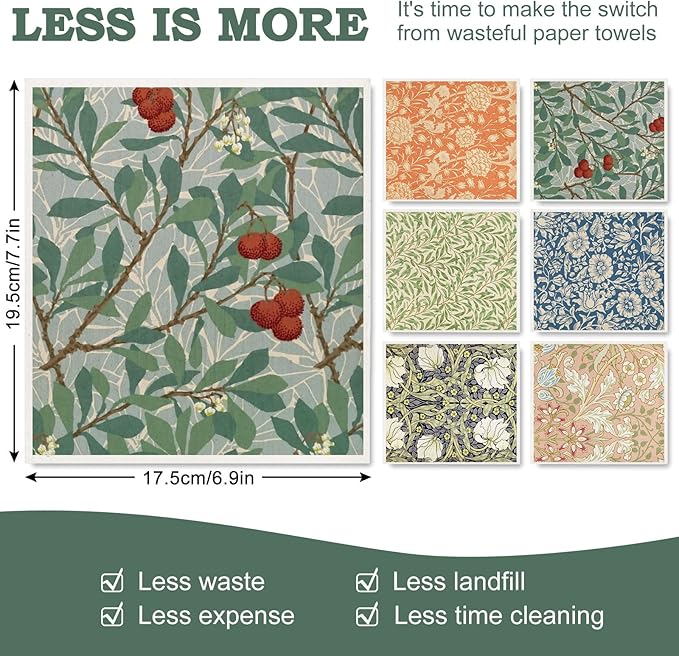 Whaline William Morris Swedish Kitchen Dishcloth Vintage Floral Absorbent Cotton Kitchen Towel Colorful Flower Dish Towel for Party Home Housewarming Cleaning Counter Wipes, 7 x 8 Inch, 6Pcs