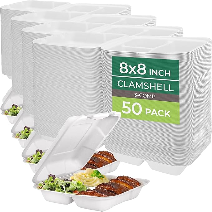 Freshware Compostable Clamshell Food Containers [8x8] 3-Compartment, Disposable - Paper Food Containers - Microwave & Freezer Safe, Stackable (Pack of 200)